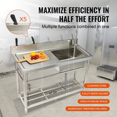 Stainless steel utility sink with single bowl, faucet, and adjustable legs for commercial use.