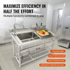 Stainless steel utility sink with single bowl, faucet, and adjustable legs for stability.