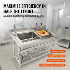 Stainless steel utility sink with single bowl, workbench, and adjustable legs for stability.