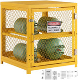 Yellow horizontal cylinder storage cabinet holding four green 33 lbs propane tanks, with danger flammable materials signs and lock.