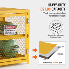 Yellow horizontal cylinder storage cabinet with mesh sides, holding four 33 lb tanks on two shelves.