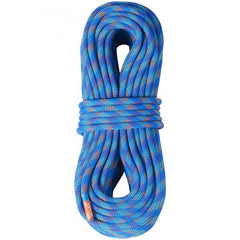 Blue 10.2mm dynamic climbing rope, 40m long, with braided polyester construction and steel snap hooks.