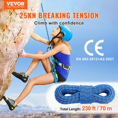 A woman climbs a rock face wearing a helmet and harness, with a blue 10.2mm dynamic climbing rope below.