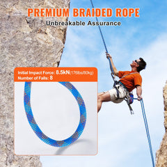 Blue 10.2mm dynamic climbing rope, 70m long, shown coiled and in use on a rock face.