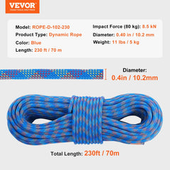 Blue 70m dynamic climbing rope with 10.2mm diameter and braided polyester construction