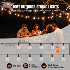 Bostome 100FT LED outdoor string lights with 50 shatterproof bulbs for versatile lighting.