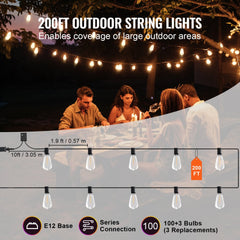 200-foot LED outdoor string lights with 100 waterproof, shatterproof ST38 bulbs.