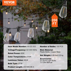 200-foot waterproof LED outdoor string lights with 100 shatterproof ST38 bulbs.