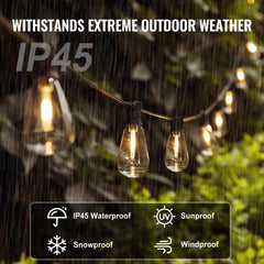 50FT outdoor string lights with 15 shatterproof S14 bulbs and warm LED illumination.