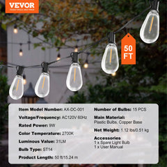 50FT outdoor string lights with 15 shatterproof S14 bulbs and flexible insulated cable.