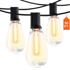50FT outdoor string lights with 15 shatterproof S14 bulbs and warm LED illumination.