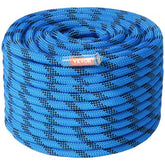 A coiled 125ft blue 12.7mm static climbing rope with black accents and VEVOR label.