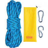 Blue 64 ft static climbing rope with black stripes, yellow storage bag, and two silver carabiners.