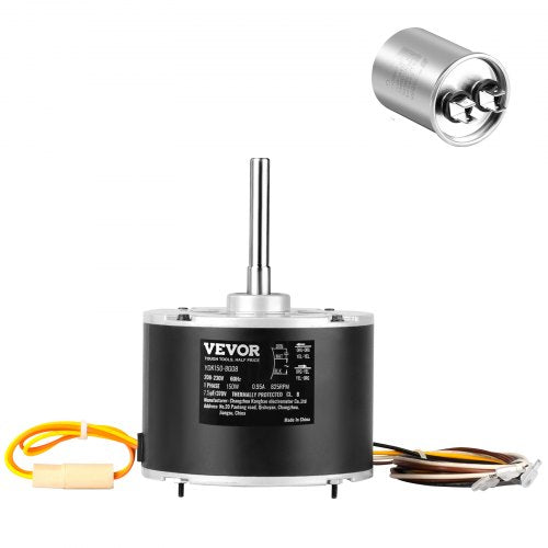 Black and silver Bostome 1/5 HP condenser fan motor with capacitor and wiring attached