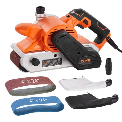 Orange Bostome 10A 4x24 inch belt sander with 6 speeds, dust bags, and sanding belts.
