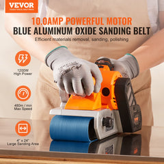 Orange Bostome 10A belt sander with 4x24 inch blue sanding belt, 6 speeds, and dust collection bag.