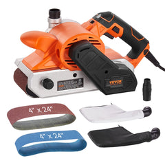 Bostome 10A belt sander with 4x24 inch belts, 6 speeds, dust bags, and ergonomic handles.