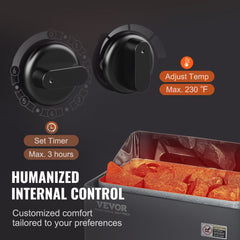 Black electric sauna heater with two control knobs and red-hot sauna stones in metal container.