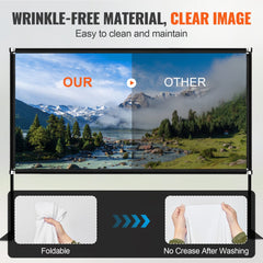 Comparison of Bostome portable projector screen showing clear mountain image versus blurry competitor, with foldable and crease-free fabric details.