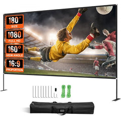 180-inch portable outdoor projector screen with stand, 4K HD, 16:9 aspect ratio.