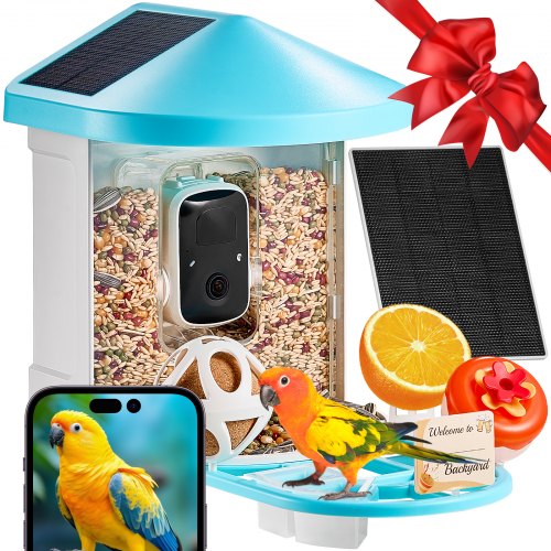 Smart bird feeder with 2K camera, solar panels, and AI species identification features.