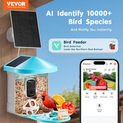 Smart bird feeder with 2K camera, solar panels, and AI species identification features.