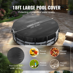 Black PVC solar pool cover for 18ft round above-ground pools with drainage holes.