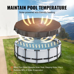 Black PVC solar pool cover for 18ft round above-ground pools with drainage holes.