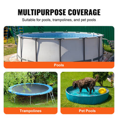 Black PVC solar pool cover for 18ft round above-ground pools with drainage holes.