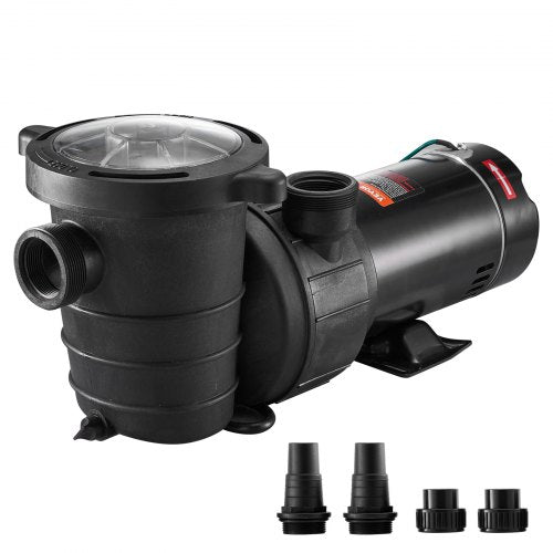Black 1.5HP single-speed above-ground pool pump with clear strainer lid and fittings.