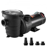 Black 1.5HP single-speed above-ground pool pump with clear strainer lid and fittings.