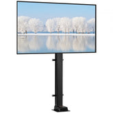 Motorized TV lift with black stand displaying a snowy landscape on a 55-inch screen.