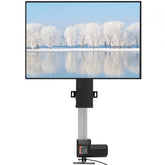 Motorized TV lift for 60-inch screens with 31-inch stroke, remote control, black stand, and snowy landscape display.