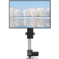 Motorized TV lift for 60-inch screens with 31-inch stroke, remote control, black stand, and snowy landscape display.