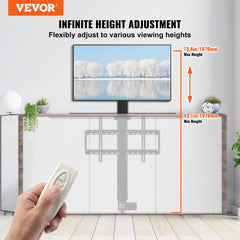 Motorized TV lift for 60-inch TVs with 31-inch stroke and remote control, showing height adjustment from 42 to 187 cm.