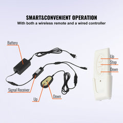 Image of Bostome motorized TV lift components: wireless remote with up/stop/down buttons, wired controller, signal receiver, power adapter, and battery.