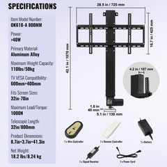 Motorized TV lift with 31-inch stroke, remote control, and aluminum alloy frame for 60-inch TVs.