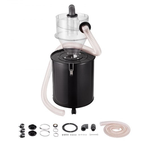 Bostome Cyclone Dust Separator for 13 Gal Tank Vacuum with 4-inch inlet, clear ABS body, black steel drum, and hose accessories.