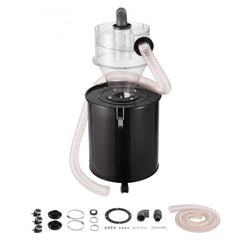 Bostome Cyclone Dust Separator for 13 Gal Tank Vacuum with 4-inch inlet, clear ABS body, black steel drum, and hose accessories.