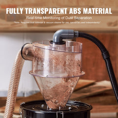 Transparent cyclone dust separator with hose and 13-gallon drum for vacuum dust collection.