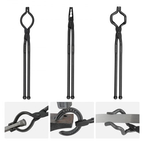 Bostome 18" blacksmith tongs set with V-Bit, Wolf, and ZV jaws made of carbon steel.