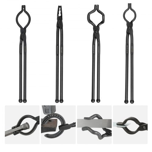 Four black carbon steel blacksmith forge tongs with various jaw types are displayed with examples of their use.