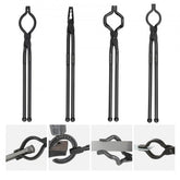 Four black carbon steel blacksmith forge tongs with various jaw types are displayed with examples of their use.