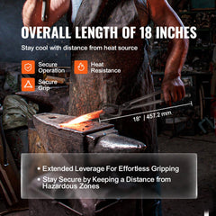 18-inch carbon steel blacksmith forge tongs with V-bit, wolf, ZV, and gripping jaws.