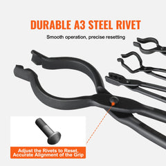 Four 18-inch carbon steel blacksmith forge tongs with V-bit, wolf, ZV, and gripping jaws.