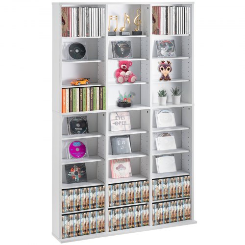 White media storage cabinet with nine adjustable shelves for CDs and DVDs.