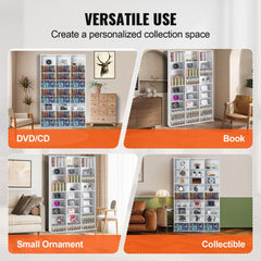 White media storage cabinet with nine adjustable shelves for DVDs and CDs.