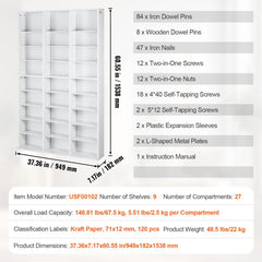 White media storage cabinet with nine adjustable shelves for DVDs and CDs.