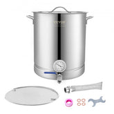 16-gallon stainless steel brew kettle with tri-ply bottom and dual-scale thermometer.