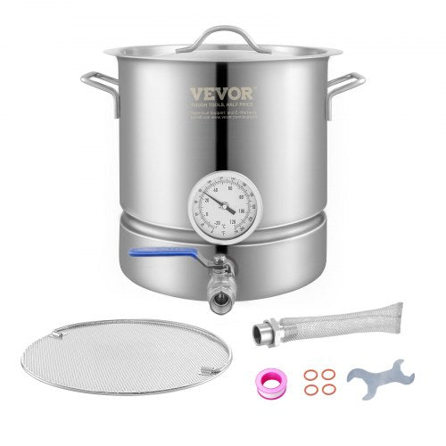 Bostome 5 gallon stainless steel brew kettle with tri-ply bottom and built-in thermometer.